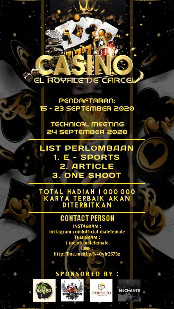 OFC_FEMALE's tweet photo. ⠀⠀

ㅤㅤㅤㅤCASINO EL ROYALE DE CARCEL
ㅤㅤㅤㅤㅤ
ㅤㅤDalam rangka merayakan Anniversarry MALEFEMALE yang ke-4, kami mempersembahkan event bertajuk ❛Casino El Royale de Carcel❜ Dengan persaingan yang akan dilakukan tiga platform; Line, Instagram dan Telegram! https://t.co/xCaDq3JGif