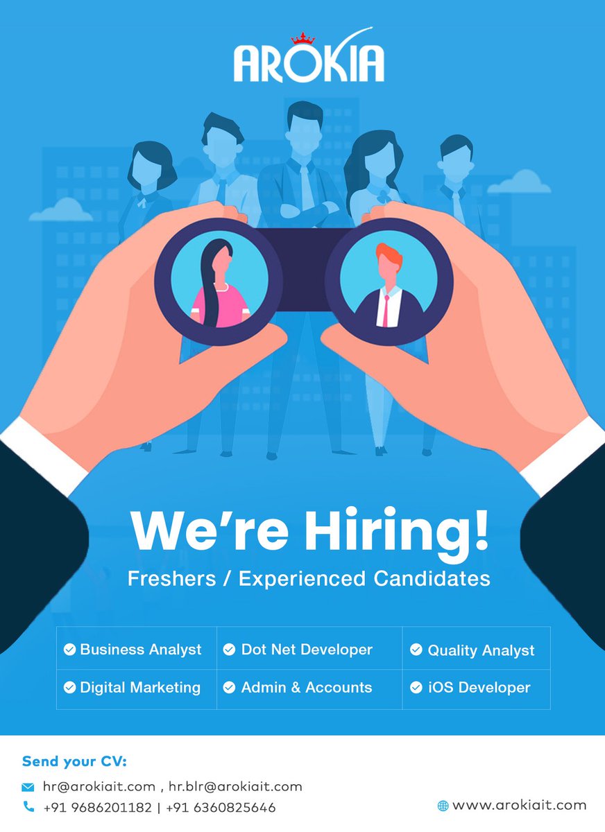 arokiaitpvtltd's tweet photo. We're Hiring!
Freshers/Experienced Candidates

Please forward your resumes to hr@arokiait.com

#jobs #JobSeekers #HiringNow #Hiring2020 #FreshersJobs #ExperiencedCandidates #ExperiencedJobs #Recruiting https://t.co/JBCGJWnCoH