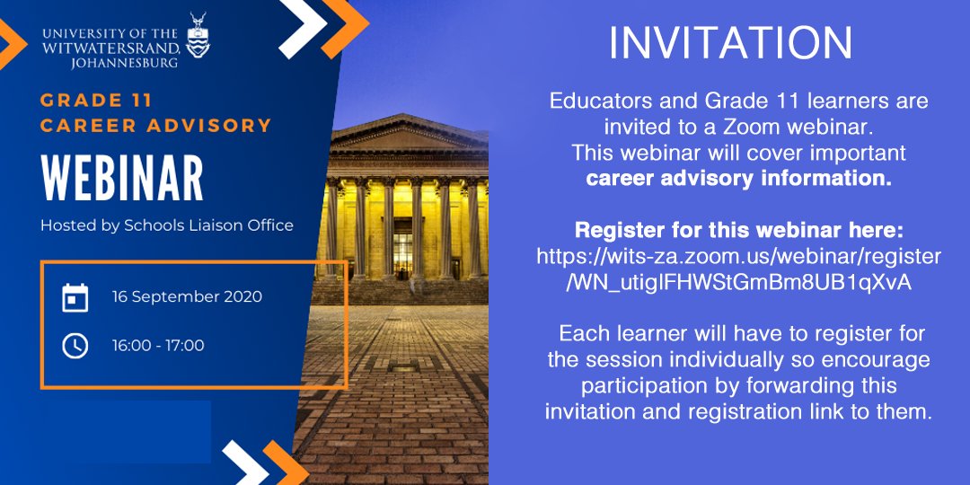 🎒📚 WEBINAR: Educators and Grade 11 learners are invited to a Zoom webinar. This webinar will cover important career advice information. Join the discussion today from 4pm - 5pm. Register here: wits-za.zoom.us/webinar/regist…