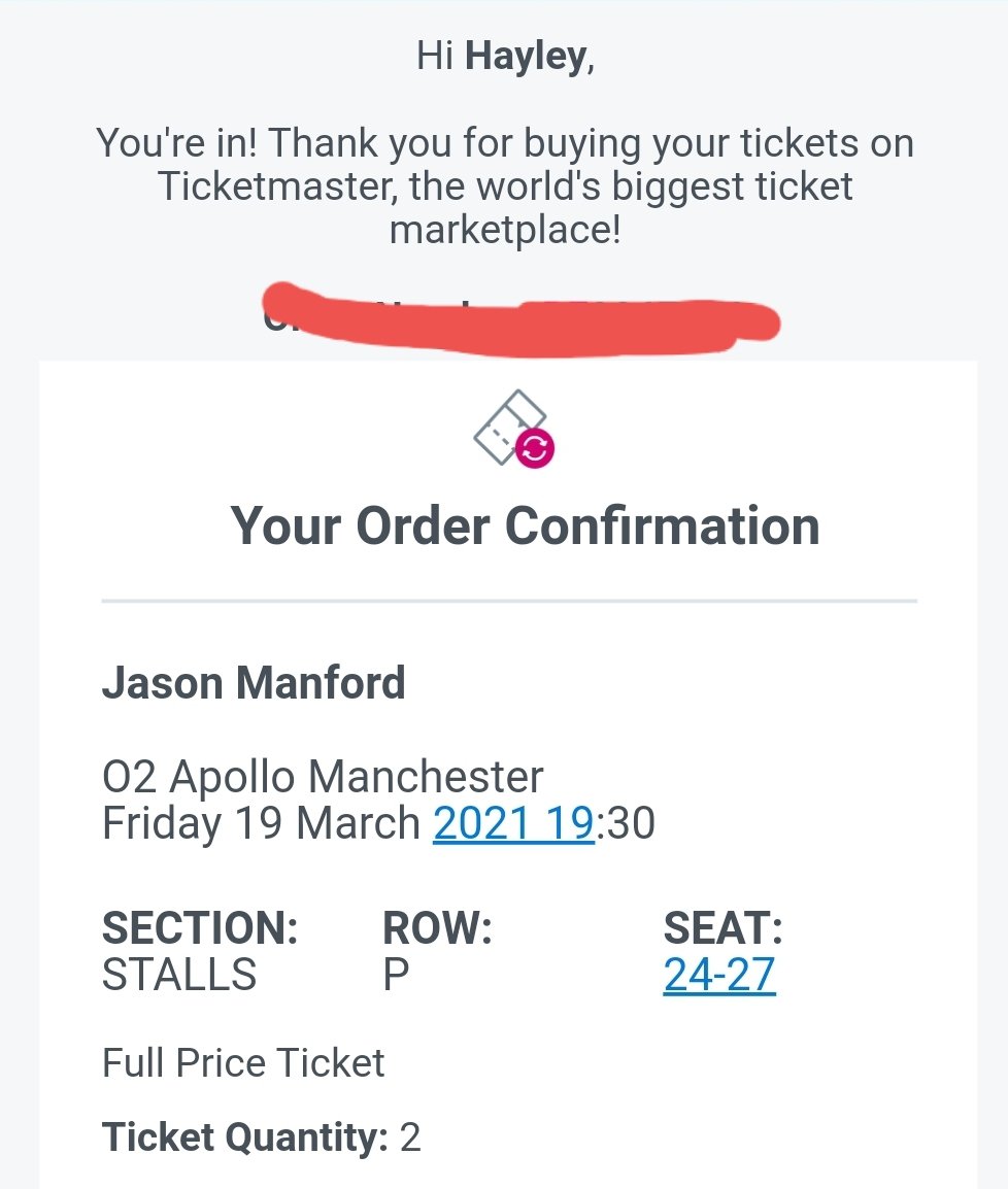 hayles25's tweet photo. Just managed to get tickets for @JasonManford in Manchester next year 🙌 can not wait! Roll on March. https://t.co/TwJCR2ioiq