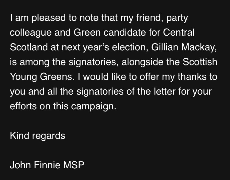 Full response from John Finnie MSP. Really encouraging to see MSPs feeling strongly about this!