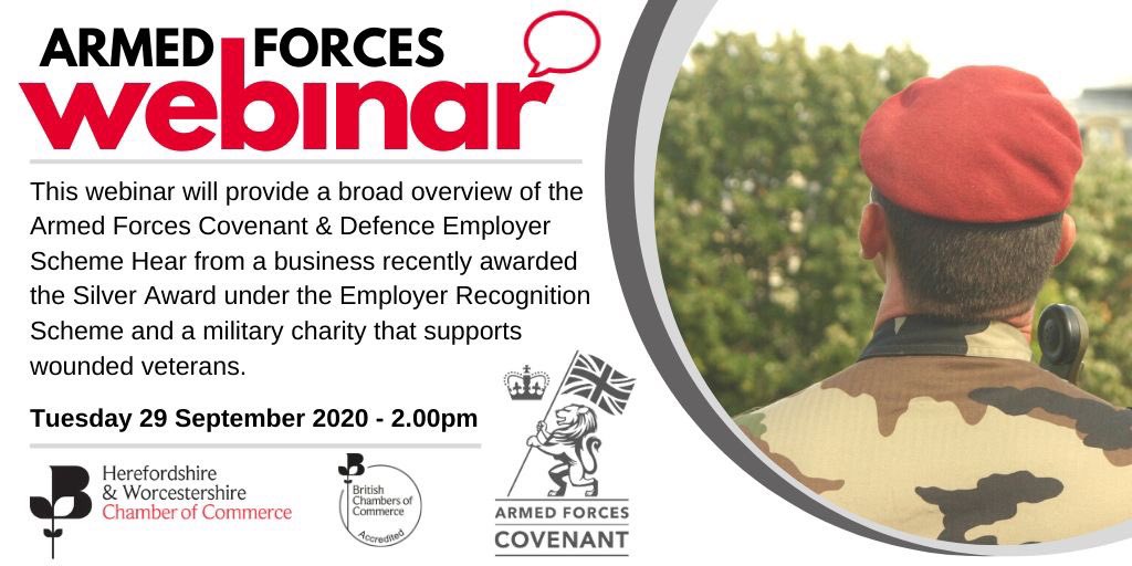 What is the Armed Forces Covenant and why is it #goodforbusiness? 

Join our webinar in partnership with @HW_Chamber to learn how your organisation can benefit from supporting the forces community in #Herefordshire & #Worcestershire.

Register here ➡️ ow.ly/gid630ra868