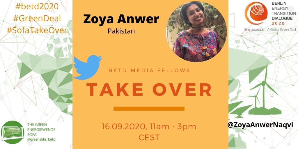 Our very own @ZoyaAnwerNaqvi, a #betdfellow 2020, is taking over the @greensofa_betd twitter account today to give an overview of the energy situation in Pakistan. Join us in following her tweets! 🌏💬

#betd2020 #SofaTakeOver