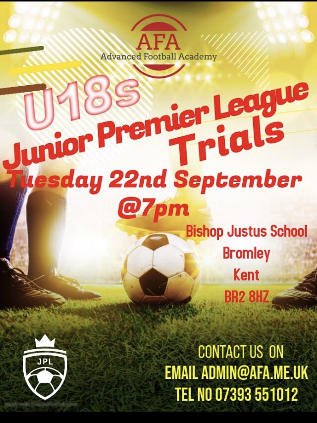 AdvancedFootba1's tweet image. U18s 
Junior Premier League Trials 
Tuesday 22nd September 
7pm
Bishop Justus School 
Bromley 
BR2 8HZ 

To register contact on 
admin@afa.me.uk