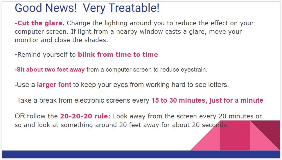HPEPennfield's tweet photo. #Virtuallearning is an adjustment w/spending a lot of time in front of an electronic device. Have you heard of #ComputerVisionSyndrome? Experiencing dry eyes, blurred vision, eye irritation, headaches, neck/back pain? Here are some tips!#virtualhealthtips https://t.co/WMdwjF64SM