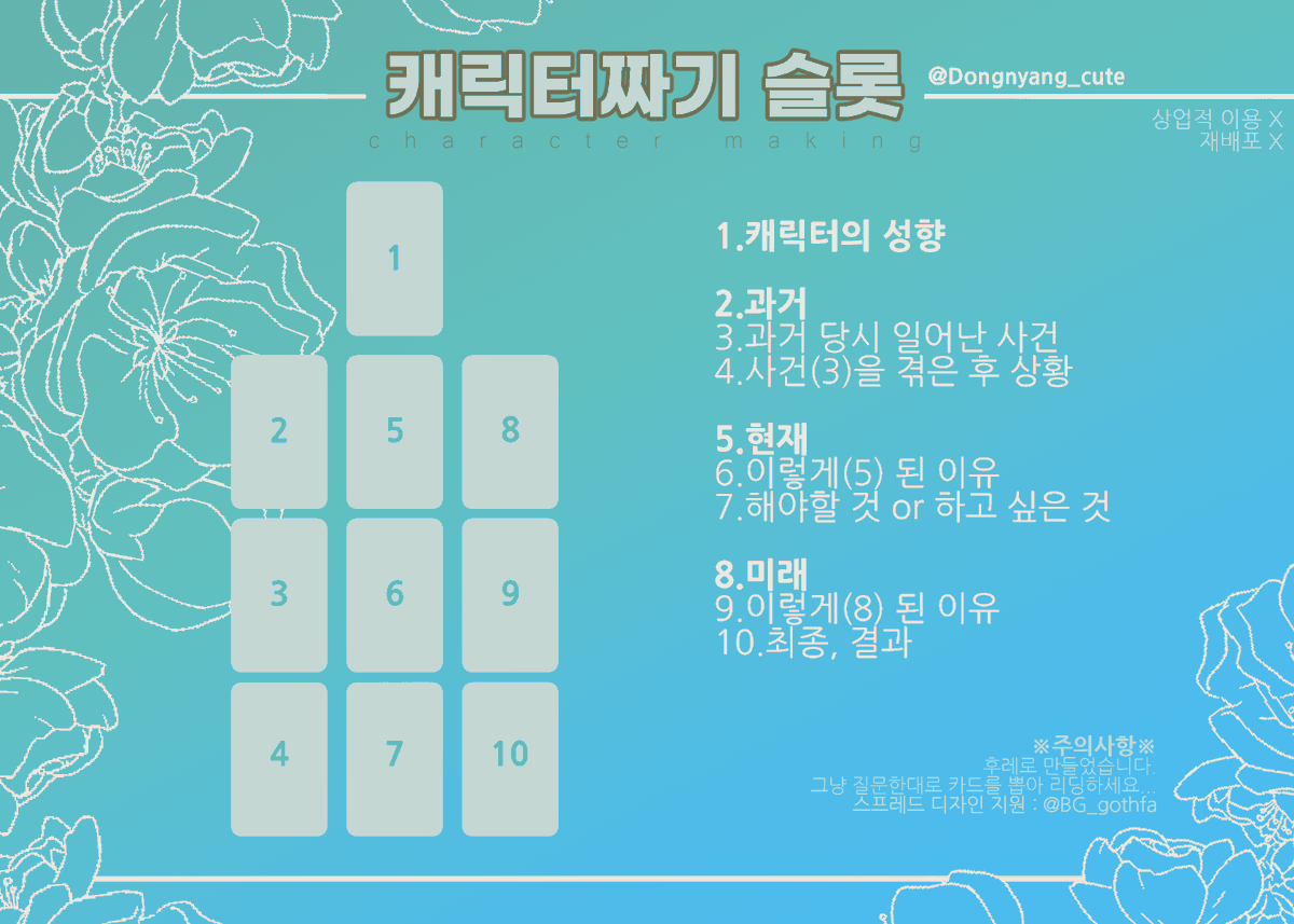 19o3p2's tweet photo. 지인분의 요청으로 캐릭터 만들기 타로 스프레드를 대리배포합니다. 본 스프레드를 상업적 이용(타로 커미션에 이용, 커미션 신청하는 행위. 복채나 보답으로 소액의 기프티콘을 제공하는 정도는 괜찮습니다.) 및 재배포하는 것은 불가능합니다. https://t.co/aXgcn4aITI