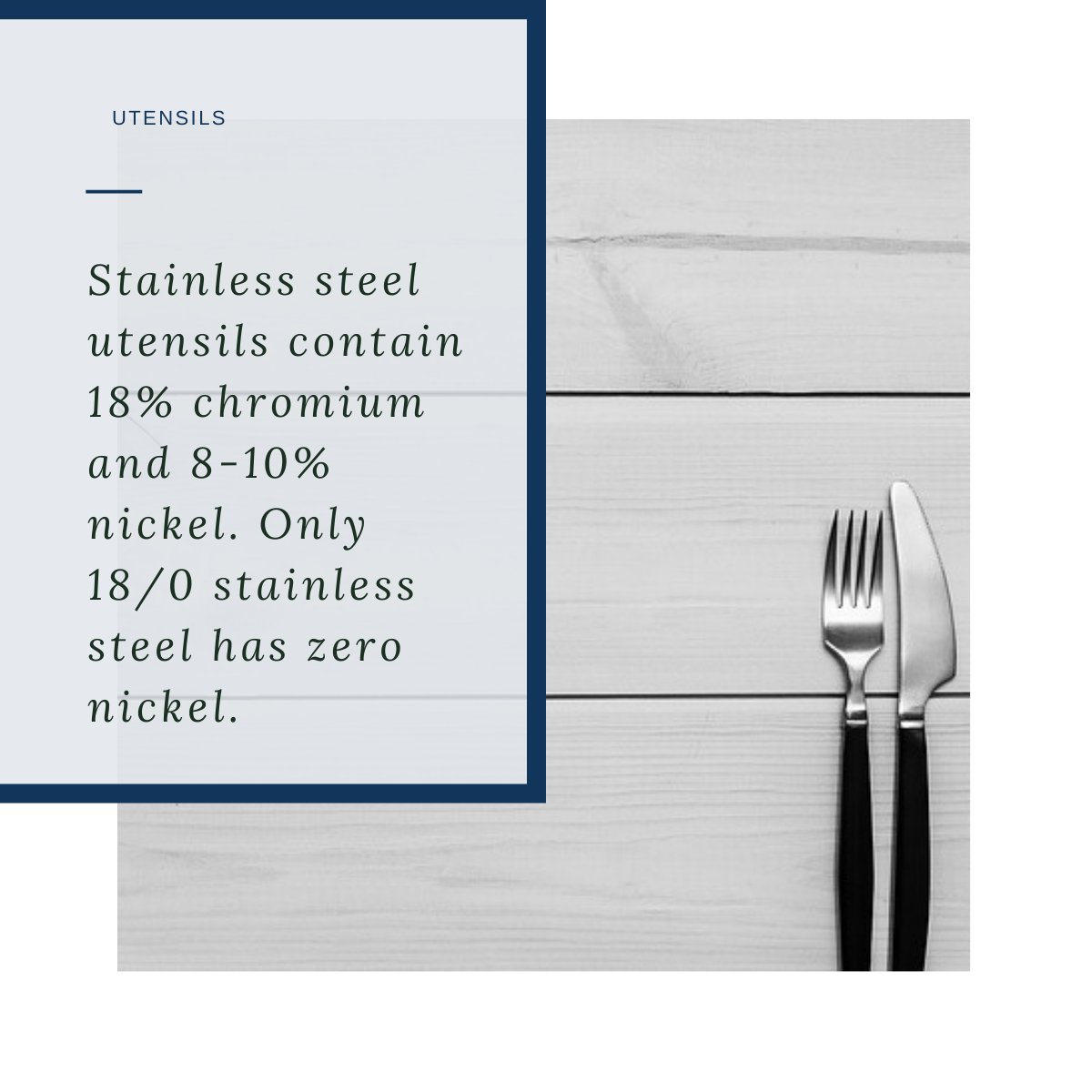 Stainless steel is the most used metal in the U.S. and it is usually mixed with nickel. Looking for 18/0 stainless steel utensils are the best bet to avoid nickel. 

Beware of any surgical and other stainless steel...
#nickelallergy #nickel #nichel #nichelifestyle #allergianichel