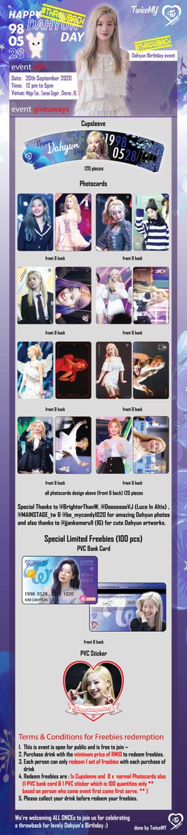TwiceMy2's tweet photo. NAYEON BIRTHDAY & DAHYUN #THROWBACKBIRTHDAY EVENT
FREEBIES PREVIEW , EVENT IMPORTANT NOTICE & MAP INFO
π
20th Sep 2020 (SUN)
π 12pm to 5pm
β MOGE TEE , Taman Segar , Cheras , KL
Timeslot Form:
https://t.co/MPqOQN6wa1
#νΈμμ΄μ€ #TWICE #λμ° #NAYEON #λ€ν #DAHYUN https://t.co/hXNgAa8Hop