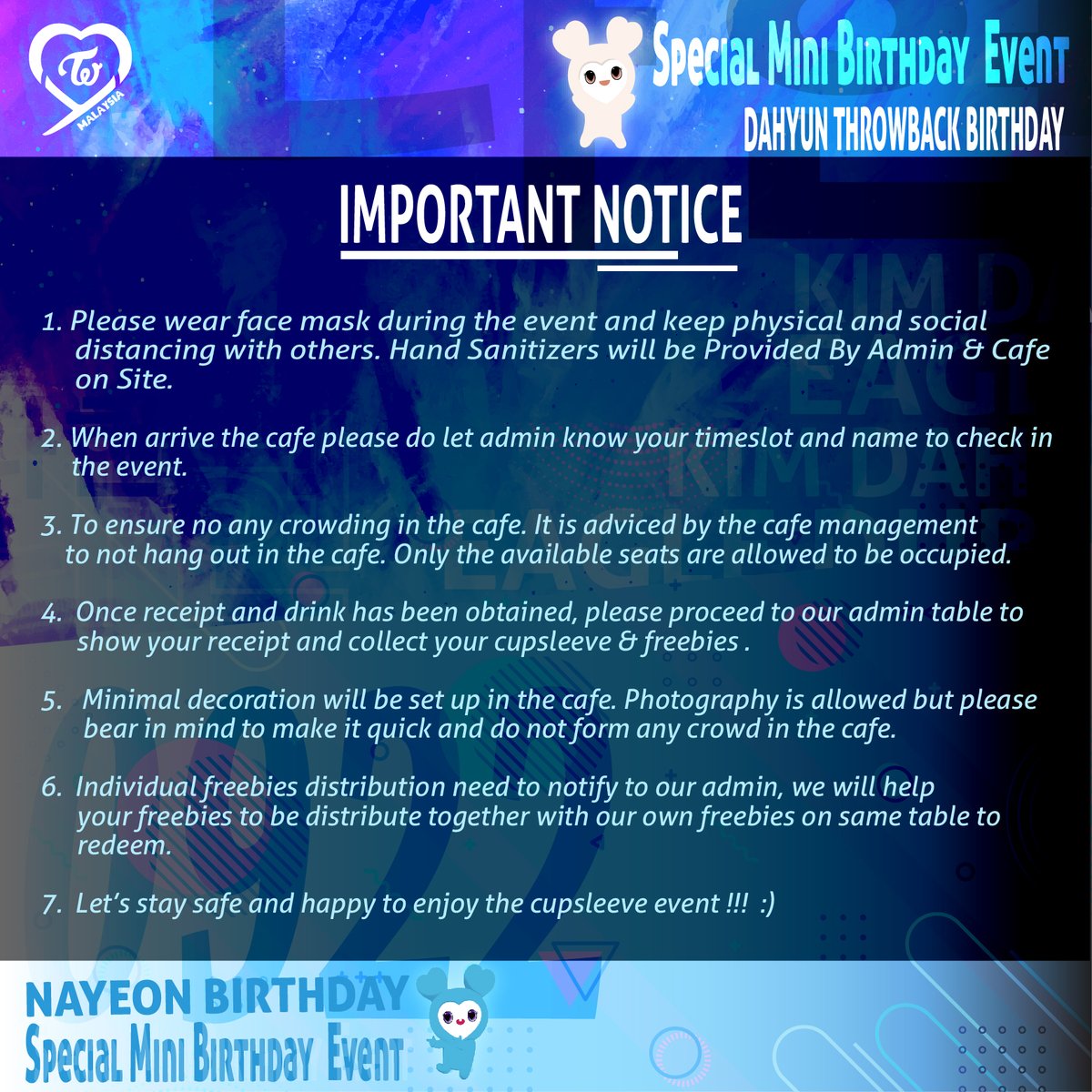 TwiceMy2's tweet photo. NAYEON BIRTHDAY & DAHYUN #THROWBACKBIRTHDAY EVENT
FREEBIES PREVIEW , EVENT IMPORTANT NOTICE & MAP INFO
π
20th Sep 2020 (SUN)
π 12pm to 5pm
β MOGE TEE , Taman Segar , Cheras , KL
Timeslot Form:
https://t.co/MPqOQN6wa1
#νΈμμ΄μ€ #TWICE #λμ° #NAYEON #λ€ν #DAHYUN https://t.co/hXNgAa8Hop
