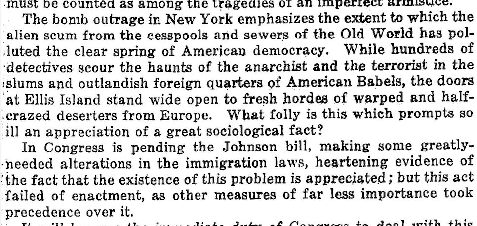 Just four days after the bombing, the Washington Post published an incendiary editorial talking about how the bombing showed that “alien scum from the cesspools & sewers of the Old World” were destroying American democracy. 4/