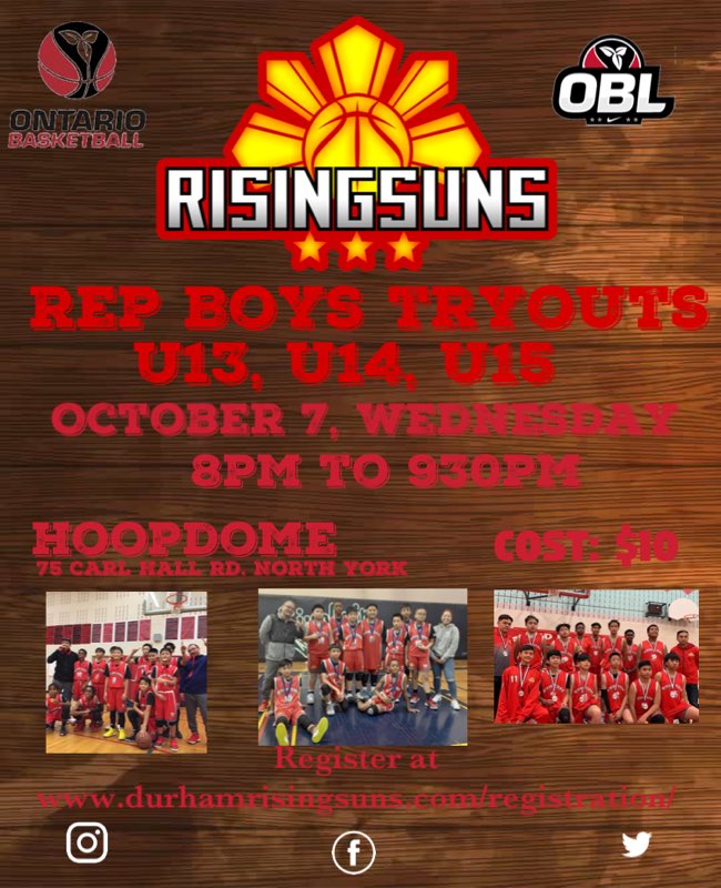 ***Spots are limited due COVID-19 Protocol***
U13 to U15 Boys Tryouts
When: Wednesday, October 7
Time: 
On-site: 7:30 
On Court: 8:00pm to 9:30pm
Where: Hoopdome- 
75 Carl Hall Rd. Toronto
Tryout fee: $10
**NO WALK-INs**
Register at 
durhamrisingsuns.com/registration/