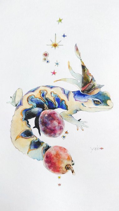 「秋のつかい」

ヒョウモントカゲモドキがモデルです。
秋の魔女の相棒、といったイメージで描きました✶✍ 