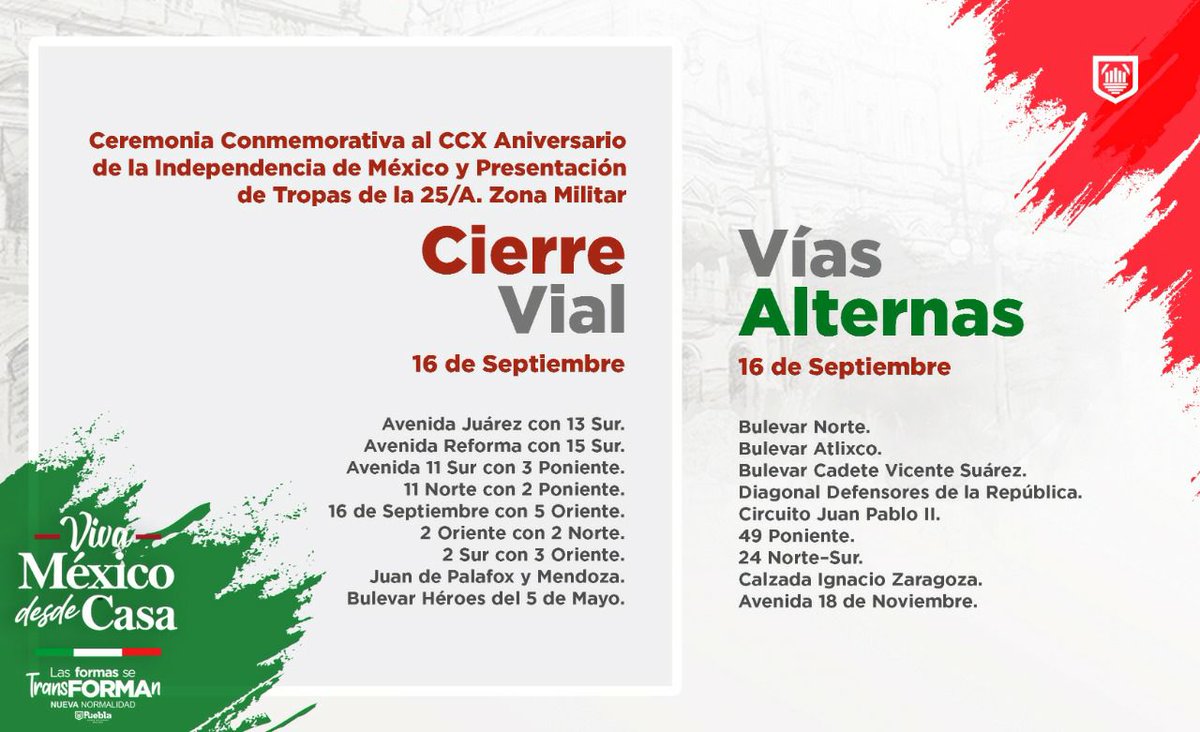 alvarez_armando's tweet photo. Hay cierres viales este miércoles en la #CDPUE con motivo de la Ceremonia Conmemorativa al CCX Aniversario de la Independencia de México. Las calles del centro permanecerán cerradas hasta las 10:30 hrs. #Puebla https://t.co/l8xQr7qQkl