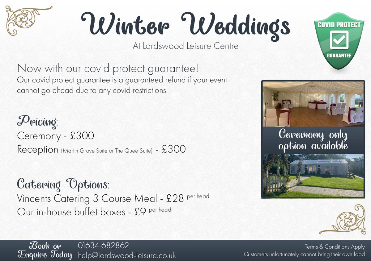 Looking for a Wedding venue for either your ceremony, your reception or both?

For further information, please get in touch with our team today

📞 01634 682862
📧 help@lordswood-leisure.co.uk

#winterwedding #wedding #winter #lordswood #leisure #centre #chatham #medway #kent