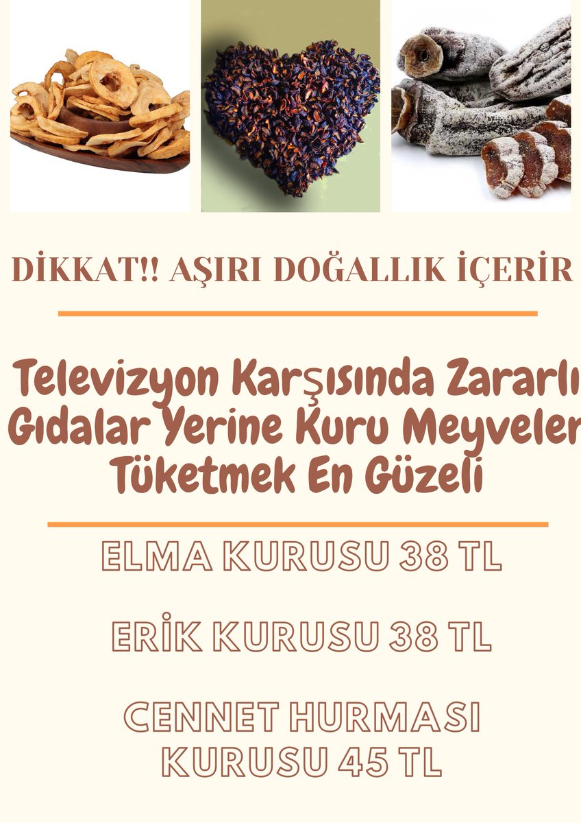 Kuru meyveler hem sizlerin sağlığına iyi gelecektir. Hem de bağışıklık sisteminizi güçlendirmekte yardımcı olacak besinleri size kazandıracaktır. 

Sağlıkla ve Afiyetle