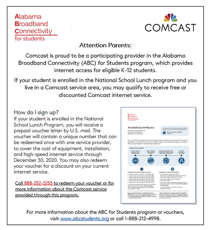 ComcastSouth's tweet photo. Families in #Alabama are receiving letters about how to get #AlabamaBroadbandConnectivity #internet at home for K-12 students studying online. Eligible households in Comcast’s footprint may call 888-252-2253 to redeem vouchers for service! #virtualeducation #COVID19 https://t.co/1lbuRMVM0F