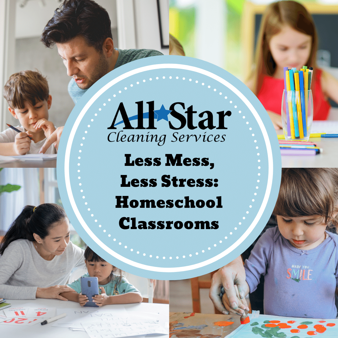 Homeschooling can be messy. Here’s how to reduce your stress while keeping your home (and classroom) clean! cleaningallstars.com/less-mess-less…