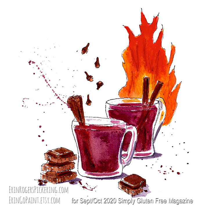 GFillustrator's tweet image. Getting chilly in the NE!  Time for Mulled Hot Chocolate Wine by the fire pit. My illustration from Sept/Oct 2020 issue of @SimplyGlutenFre delish recipe by @TheCocktaiLady