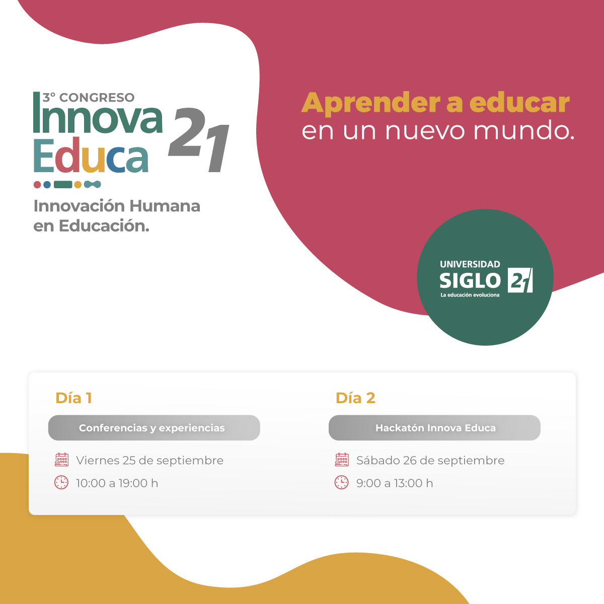 ▶️ Invitamos a todos a participar de la tercera edición del Congreso #InnovaEduca21! 

💡 Organizado por <a href="/LaSiglo21/">Universidad Siglo 21</a>, el congreso promoverá espacios de reflexión que pondrán de manifiesto los retos y aprendizajes sobre la nueva educación. 

📝Inscribite en: congresoeducacion.21.edu.ar