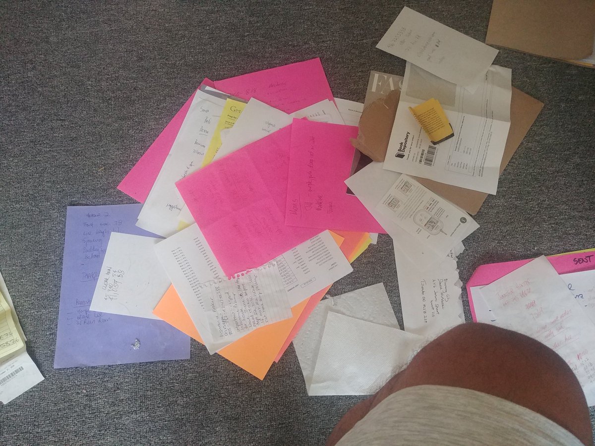  #ADHD - a thread.The floor of my home office this morning. Learning to use coloured paper was a huge  #ADD  #lifehack which significantly reduced the overwhelm caused by paper.While living with bipolarity is challenging, > 80% of the time, attention is a greater challenge.