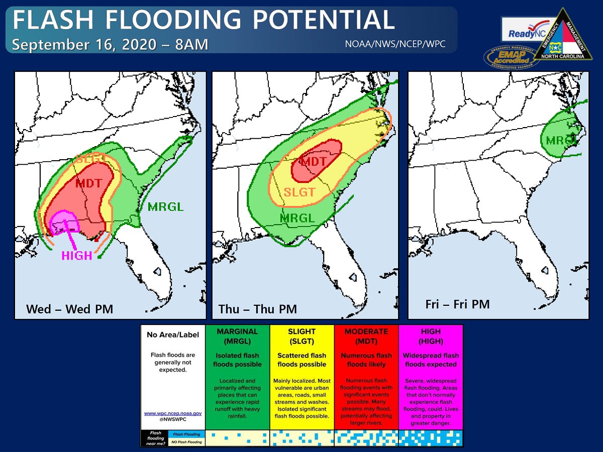 NCEmergency's tweet photo. • Portions of NC may receive heavy rainfall from the remnants of Sally Thursday through Friday (exact rainfall forecasts are uncertain at this time). Excessive rainfall will lead to areas of flash flooding with localized significant flash flooding possible. https://t.co/HQ6tpoXnd7