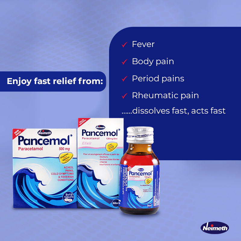 NeimethPlc's tweet photo. Need fast relief from aches, pains and fever?
Visit a pharmacy near you and insist on Pancemol.
It relieves pains and feverish symptoms, fast!
#Pancemol #Anagelsic #Neimeth #PainRelief #DissolvesFastActsFast https://t.co/hoi0NRVFvW