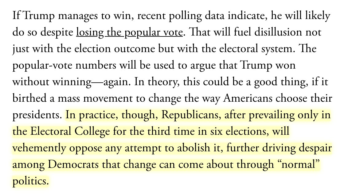 The Electoral College is at the heart of Democrats' problem, as I discuss below. This has been an endless debate for 4 years. A few thoughts:If Democrats claim EC results are "illegitimate" without the popular vote, this is fundamentally undemocratic 1/ https://www.theatlantic.com/ideas/archive/2020/09/democrats-may-not-be-able-concede/616321/?utm_campaign=the-atlantic&utm_content=edit-promo&utm_medium=social&utm_term=2020-09-13T14%3A30%3A06&utm_source=twitter