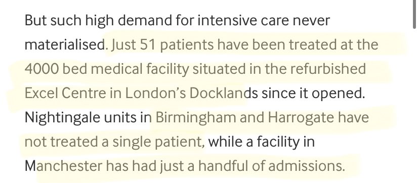 In fact:So low was demand for these 5 emergency Nightingale field hospitals that the ones in Birmingham & Harrogate didn’t even treat a single patient! Not. One. Patient.  https://www.bmj.com/content/369/bmj.m1860