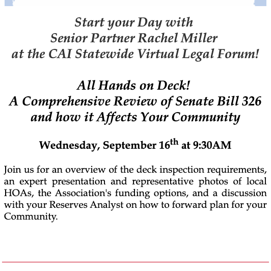 MillerLawFirm's tweet photo. Start today with Senior Partner Rachel Miller at 9:30am at the @CAIsocial Statewide Virtual Legal Forum!
All Hands on Deck! A Comprehensive Review of Senate Bill 326 and how it Affects Your Community
https://t.co/WedDIh7qee #CAI #TMLF #ConstructionDefects @CAIBayCen https://t.co/K690wVmKq1