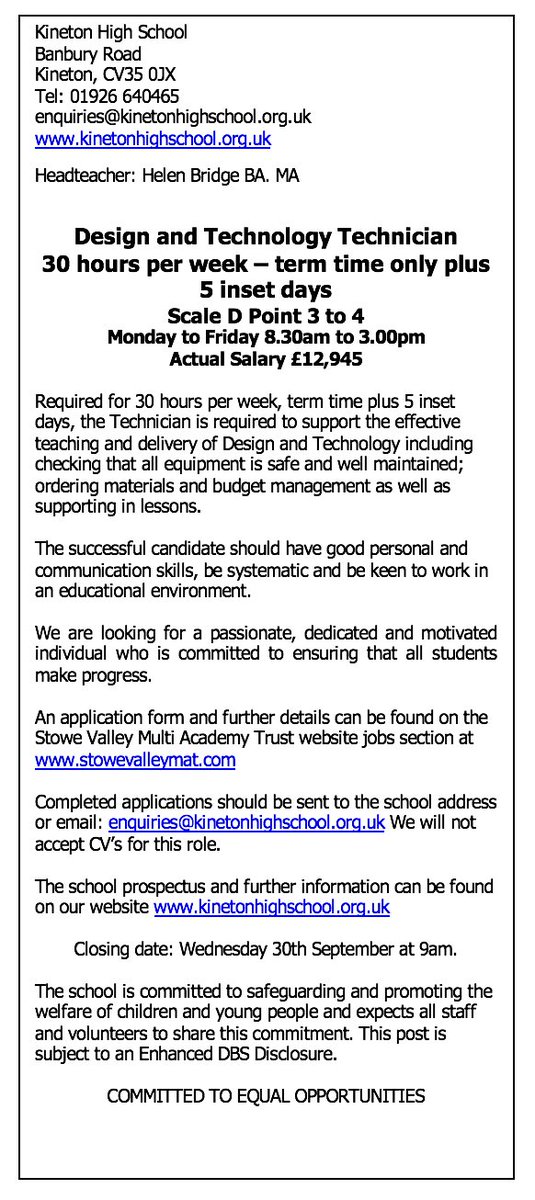 Kineton High School Vacancy

D &amp; T Technician is required to support the effective teaching and delivery ofD &amp; T including checking that all equipment is safe and well maintained; ordering materials and budget management as well as supporting in lessons.

stowevalleymat.com/vacancies