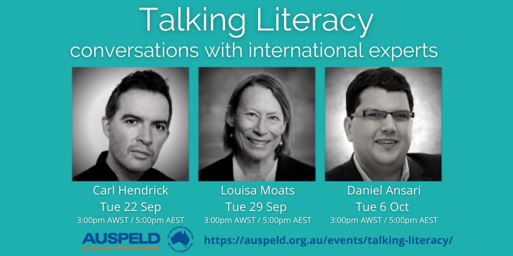 We are delighted to announce the first three speakers in AUSPELD’s Talking Literacy webinar series! The first conversation with <a href="/C_Hendrick/">Carl Hendrick</a> will be released at 3:00pm WST/5:00pm EST on Tue 22 Sep.

To register for this free series, go to: auspeld.org.au/events/talking…

#talkingliteracy