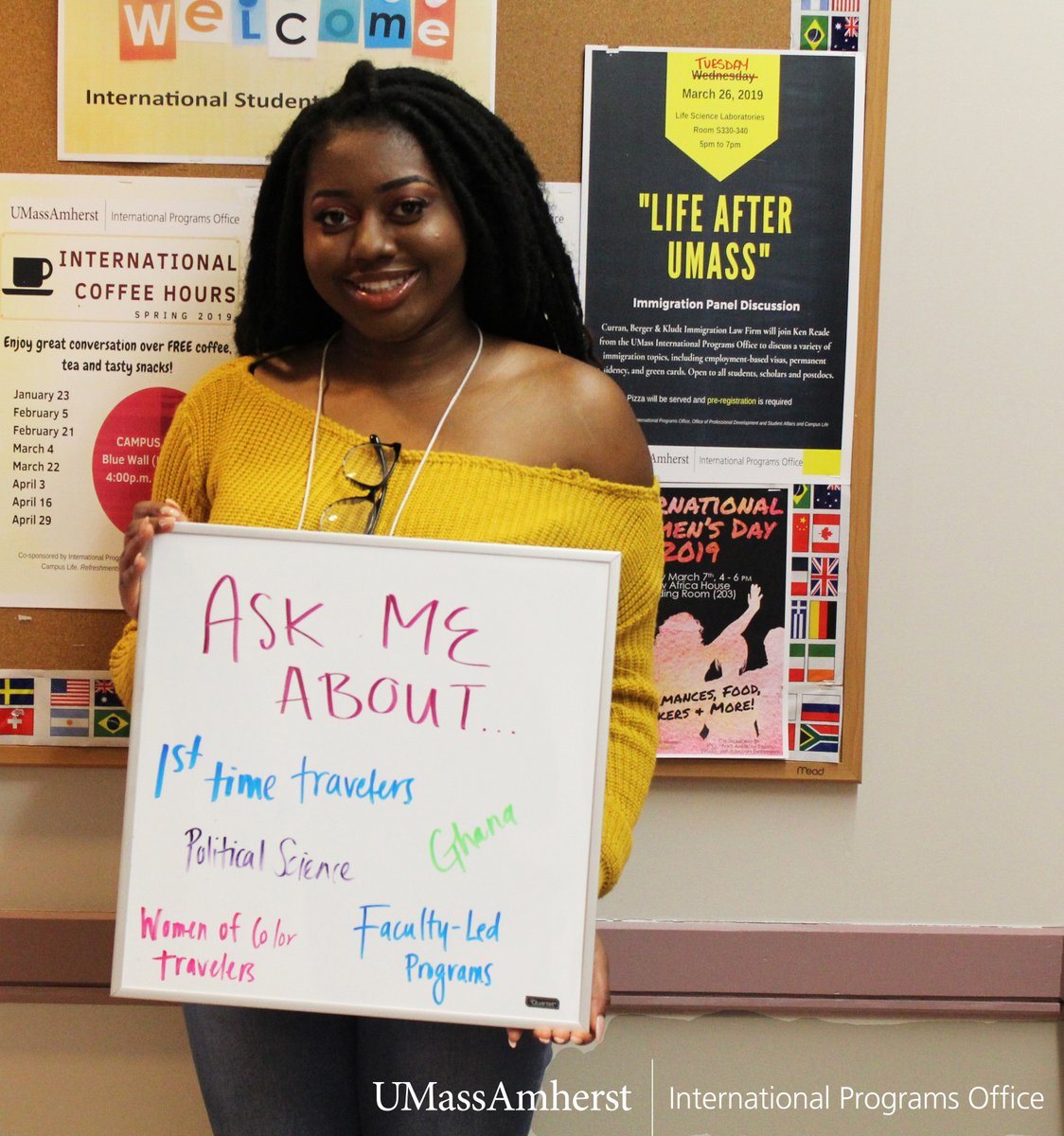UMassOGA's tweet image. #AskMeAboutIt - Our peer advisors are available to answer your study abroad questions virtually this semester. Afia Abrafi ’21 wants to talk to you about first-time traveling, #Ghana, #politicalscience, traveling as a woman of color &amp;amp; more! Get started: tinyurl.com/y2ojhzq6