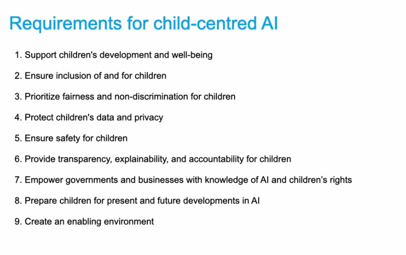 And here is what we would like you to feedback us on - key requirements for children centred AI from  @unicef policy guidance  #AI4childrenConsultation open till 16th of October! Share with your network too. Thank you.(5/x) #ResponsibleAI https://www.unicef.org/globalinsight/reports/policy-guidance-ai-children