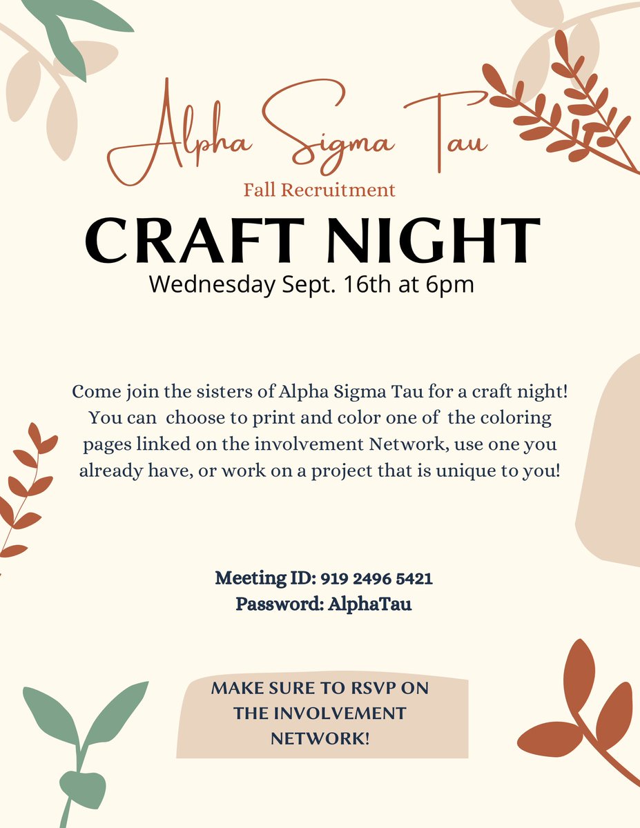 ASTBSU's tweet photo. Craft night starts at 6! There are coloring pages available on the Involvement Network! Make sure to RSVP! We hope to see you there! https://t.co/gscwV9UaXv