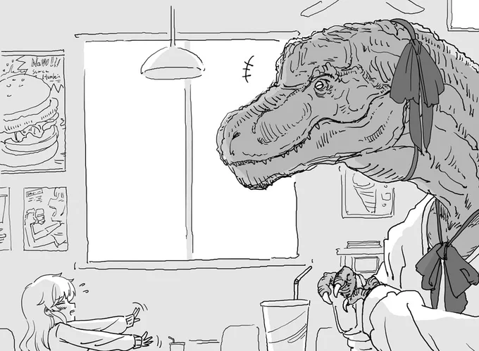 ファンボックスに『恐竜JKとファーストフードでお茶する大槻唯ちゃん』というリクエストが来ていたので描きました、コイバナしてるところ 