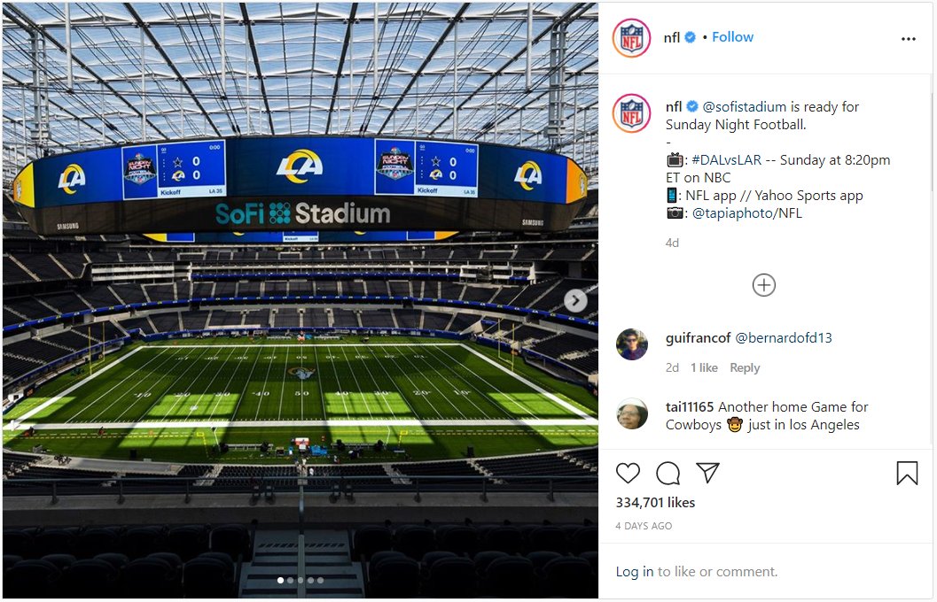 Putting their name behind the newest stadium helped  @SoFi earn the most value across social media & specifically Instagram in Week 1. A beautiful stadium makes for engaging photo content.They also sponsored content from both the  @RamsNFL and  @Chargers.(2/7)