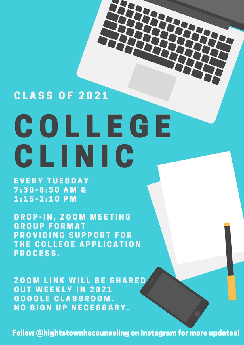 It’s starting 🤗... College Clinic will be held via Zoom every Tuesday from 7:30-8:30 am and then 1:15-2:10 pm. This is open to 2021 Seniors only. This is a group format, drop in service. If you need 1:1 individualized support, reach out to your counselor.