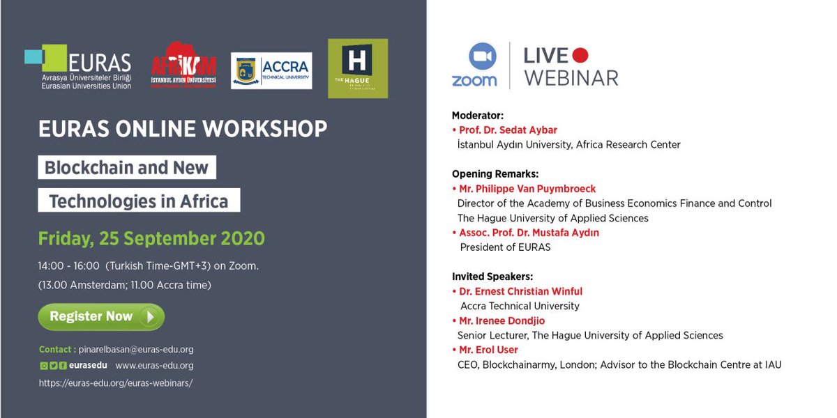 eurasedu's tweet photo. Mark your Calendars!
On September 25, at 14:00 (Istanbul Time) we’ll host EURAS Online Workshop on “Blockchain and New Technologies in Africa”.
More information and pre-registration can be found on EURAS Website
👉Sign up now
https://t.co/hCFIbaAnnT
 #blockchain #workshop https://t.co/gyB9dDj6cG