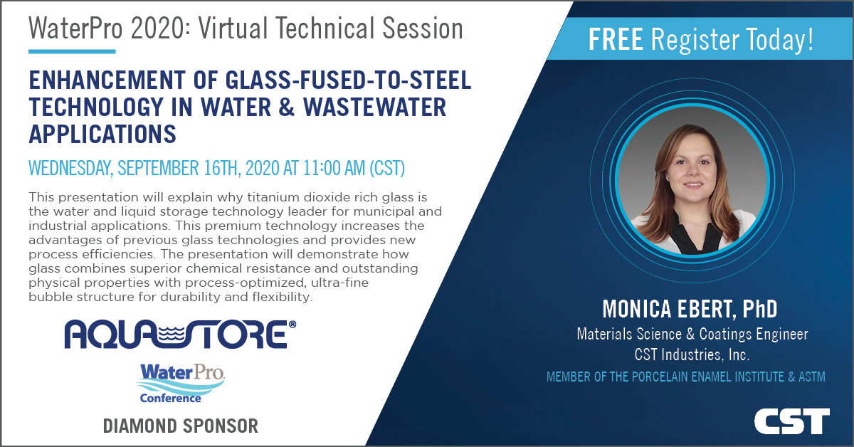 CSTIndustries's tweet photo. Don’t miss our virtual Technical Session today at 11am (CST). Learn about #Aquastore and why #glassfusedtosteel is the #water and #liquidstorage technology leader for #municipal and #industrial applications. @NRWA #WaterPro2020 https://t.co/mbcAqBSegO