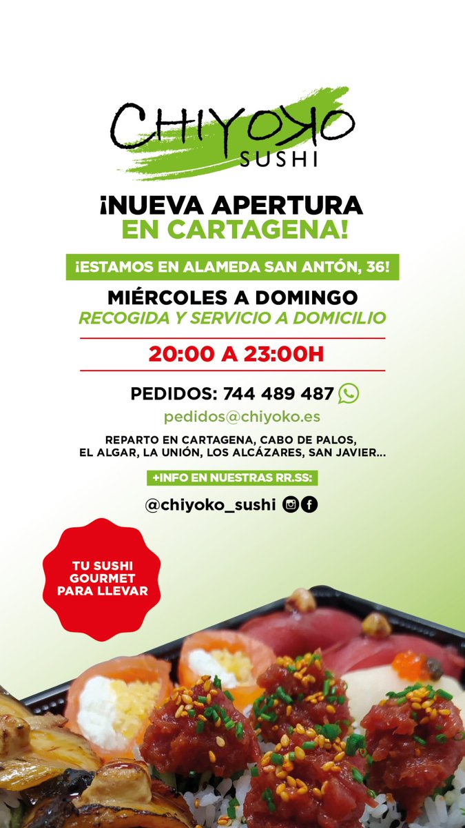 Sushi 🍣❤️ Lovers

¡¡Esta noche tenéis una cita con nuestra emprendedora de <a href="/Smarti40/">Smart I4.0 Connect</a> y sushi woman preferida <a href="/lettutu/">@leticia_gastronomist</a>!! 

GRAN apertura de CHIYOKO Sushi en la alameda San Antón de Cartagena. ¡Se os va a hacer la boca agua! 😋