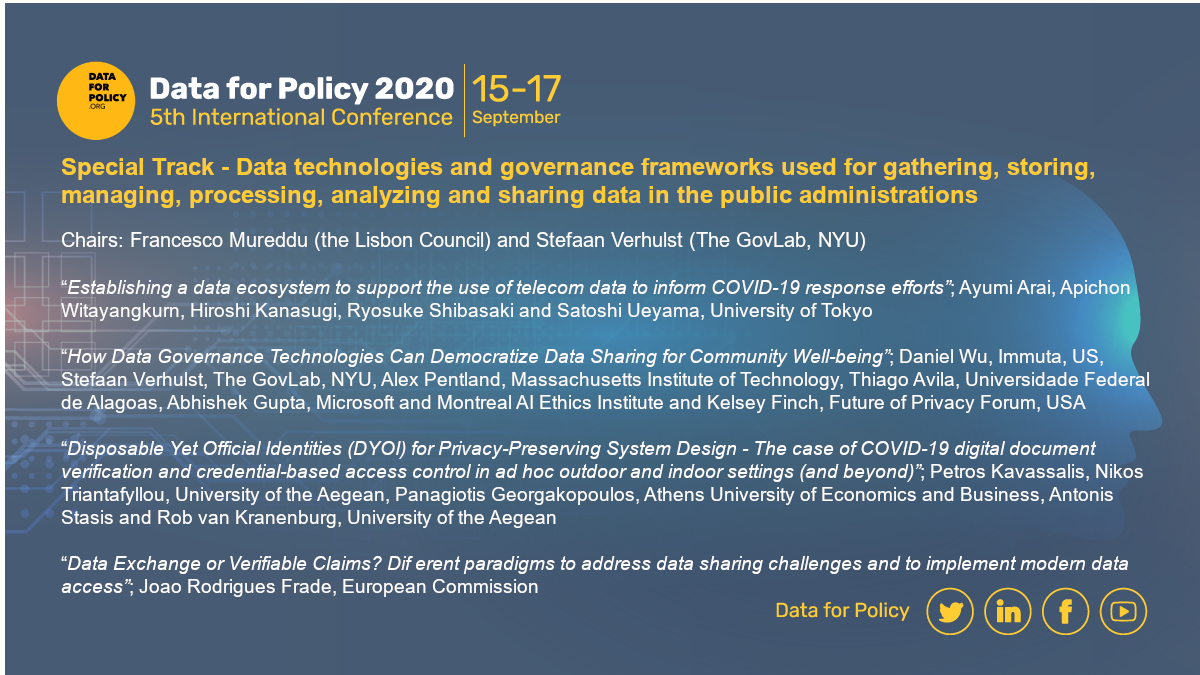 dataforpolicy's tweet image. Special Track Data technologies &amp;amp; governance frameworks for gathering, storing, managing, processing, analyzing &amp;amp; sharing data in public administrations Chaired by Francesco Mureddu @muredduf Lisbon Council &amp;amp; Stefaan Verhulst @sverhulst @thegovlab @nyuniversity #DataforPolicy2020