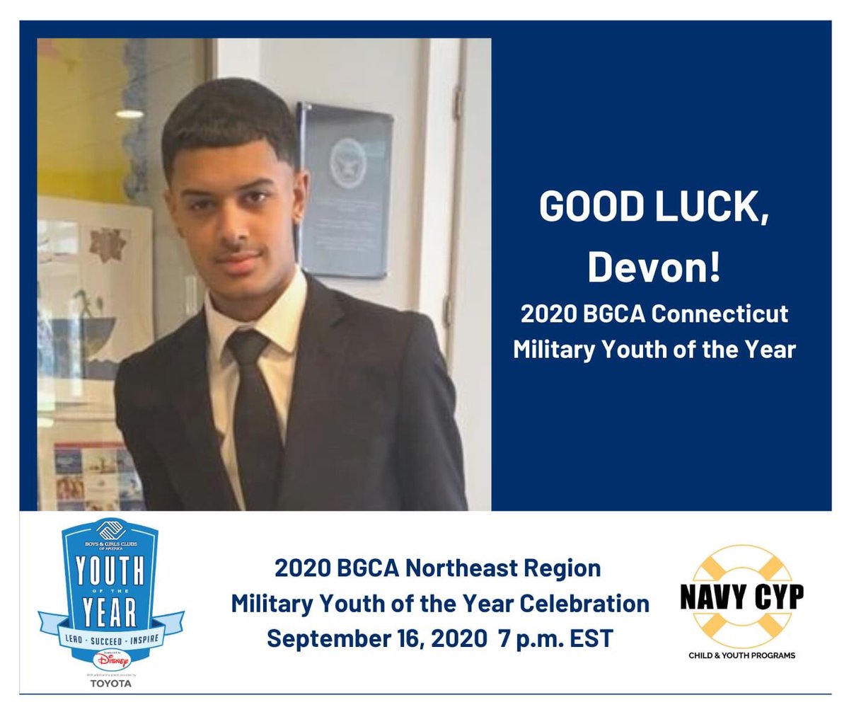 NavyCYP's tweet photo. Good luck to Devon O. of @SUBASE_NLON as he participates in the @BGCA_Clubs Northeast Region Military Youth of the Year Celebration today!!! #MYOY #GoNavy @CNICHQ @CNRMA https://t.co/QTJog274Z5