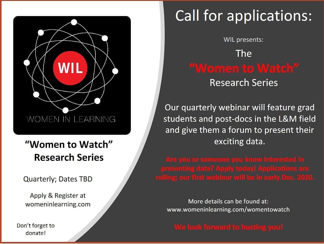 WomeninLearning's tweet image. Given the great feedback from our Luncheon "Reimagined," we're launching... a quarterly "Women to Watch" Research Series for grad students/ post-docs to discuss their data!

Are you interested in presenting data? Apply today! Dates TBD.  womeninlearning.com/womentowatch 

#WILwednesday