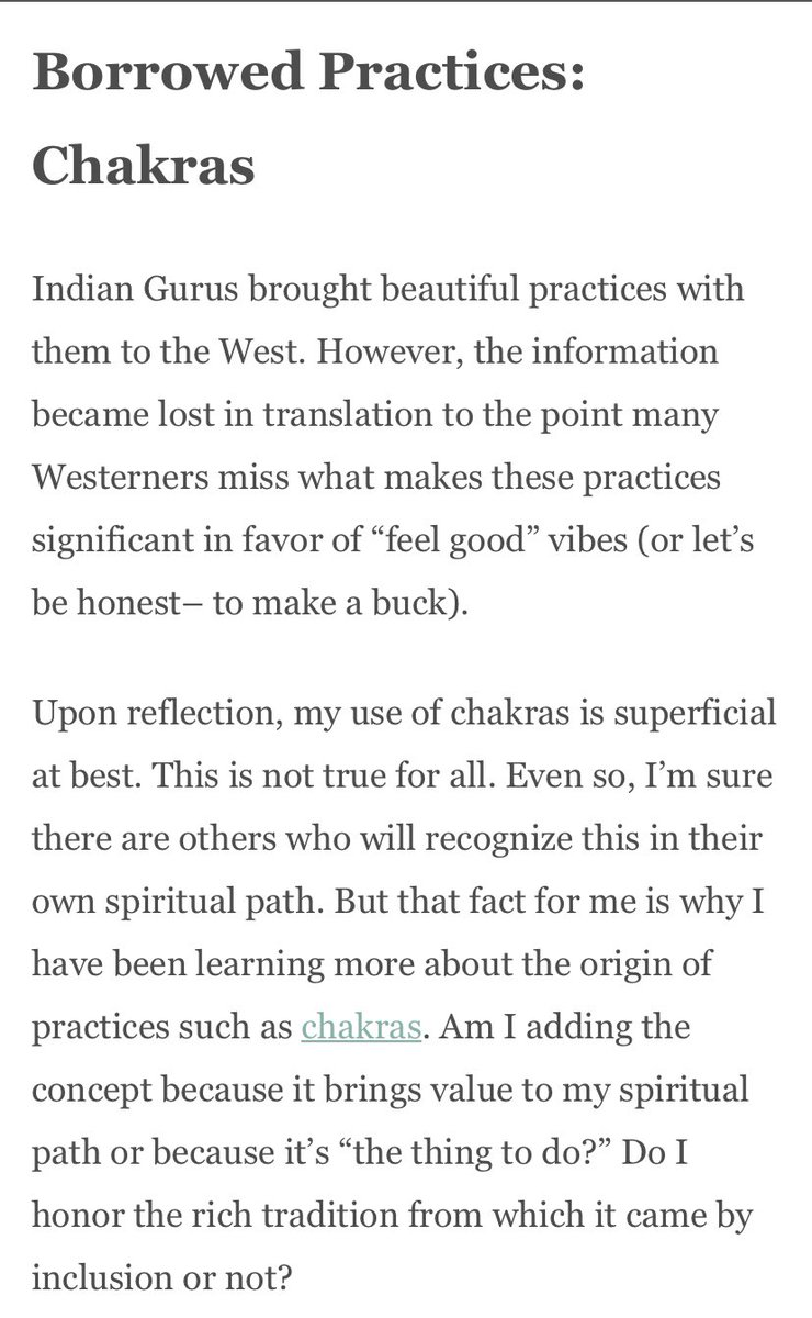 Si l’on vit centré sur le matériel, ces centres vitaux peuvent s’épuiser, avec pour conséquence surmenage, manque de vitalité et absence de bien-être.[Les chakras et l’appropriation culturelle :  https://www.google.fr/amp/s/www.patheos.com/blogs/3pagansandacat/2020/03/re-thinking-chakras-kirtan-and-other-borrowed-practices/amp/]