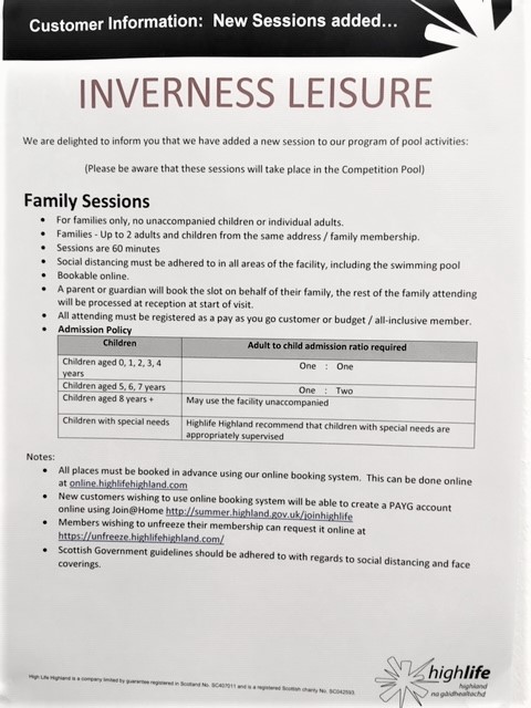 Inverness Leisure are delighted to announce the launch of family swimming sessions in our Competition Pool until such time as the Leisure Waters re-open.
Please see below for details of session times, ratios and how to book!