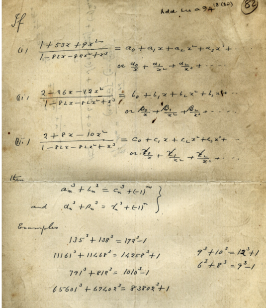 4/" it is the smallest number expressible as the sum of two cubes in two different ways.” — G.H. Hardy (1918)Image:  #Ramanujan’s manuscript, Trinity College library. The 2 representations of 1729, as the sum of 2 cubes, appear in the bottom right corner.  #History  #maths