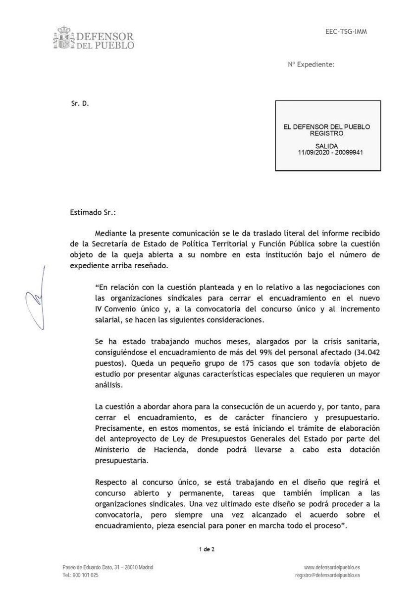 LaboralesI's tweet photo. #movimientoAGE #Respuesta #Defensor del #Pueblo para #cumplir los #acuerdos #firmados con el #Personal #Laboral de la #Administración #General del #Estado.¿Por qué #condicionan el #encuadramiento con los #presupuestos?. https://t.co/jJMRDJTMlB