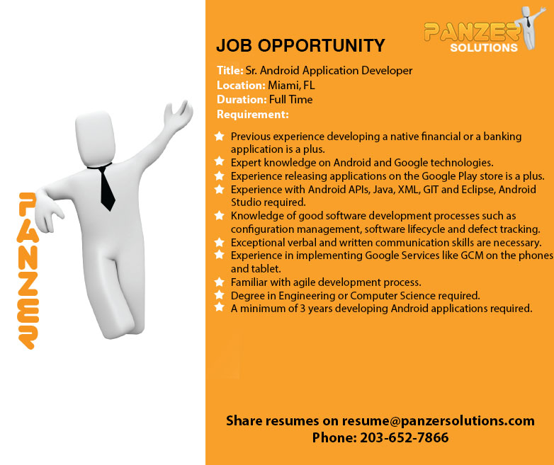 panzersolution's tweet image. Job Title: Sr. Android Application Developer
Location: Miami, Florida
Share resumes on resume@panzersolutions.com
Or for more info click on the below link

panzersolutions.com/view_job_oppor…

#PanzerSolutions #AndroidApplicationDeveloper #AndroidApplication #Developer #Jobs #Latestjobs