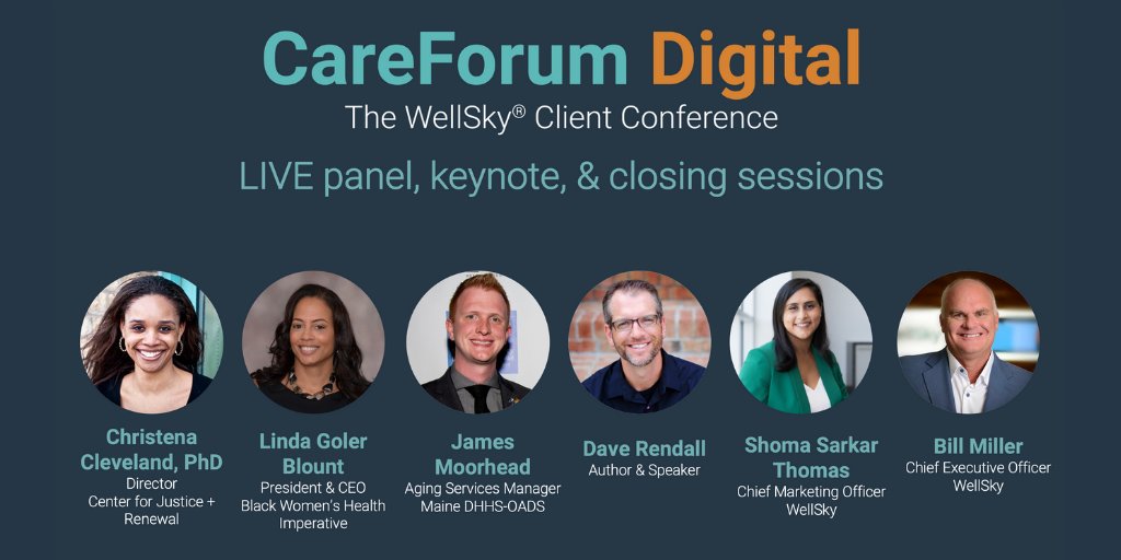 WellSkyHealth's tweet photo. It's the 3rd and last day of our live #CareForum2020 Digital events! Join us at 10:30AM CT today for:
— Live panel on systemic inequities in care, w/ @CSCleve, @lindagblount of @blkwomenshealth, &amp; James Moorhead
— Keynote w/ @DaveRendall on transformation

https://t.co/kjyAgpryhh https://t.co/2J302skuXI