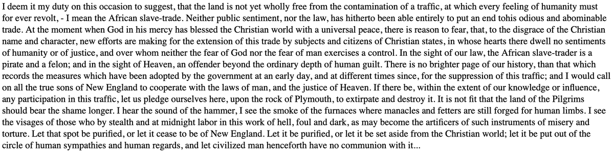 Then in the nineteenth century Northerners used the Mayflower to distance the North from southern slavery — here’s Daniel Webster, in his celebrated 1820 oration marking the bicentennial of the Mayflower’s arrival, using Plymouth Rock as an altar of freedom